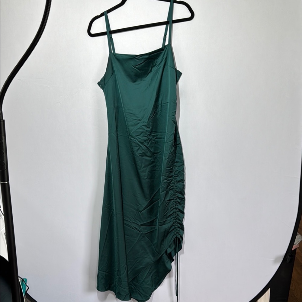 Lulus Lulu's Silky Slip Dress Emerald Green High‎ Low Asymmetrical Ruched Large